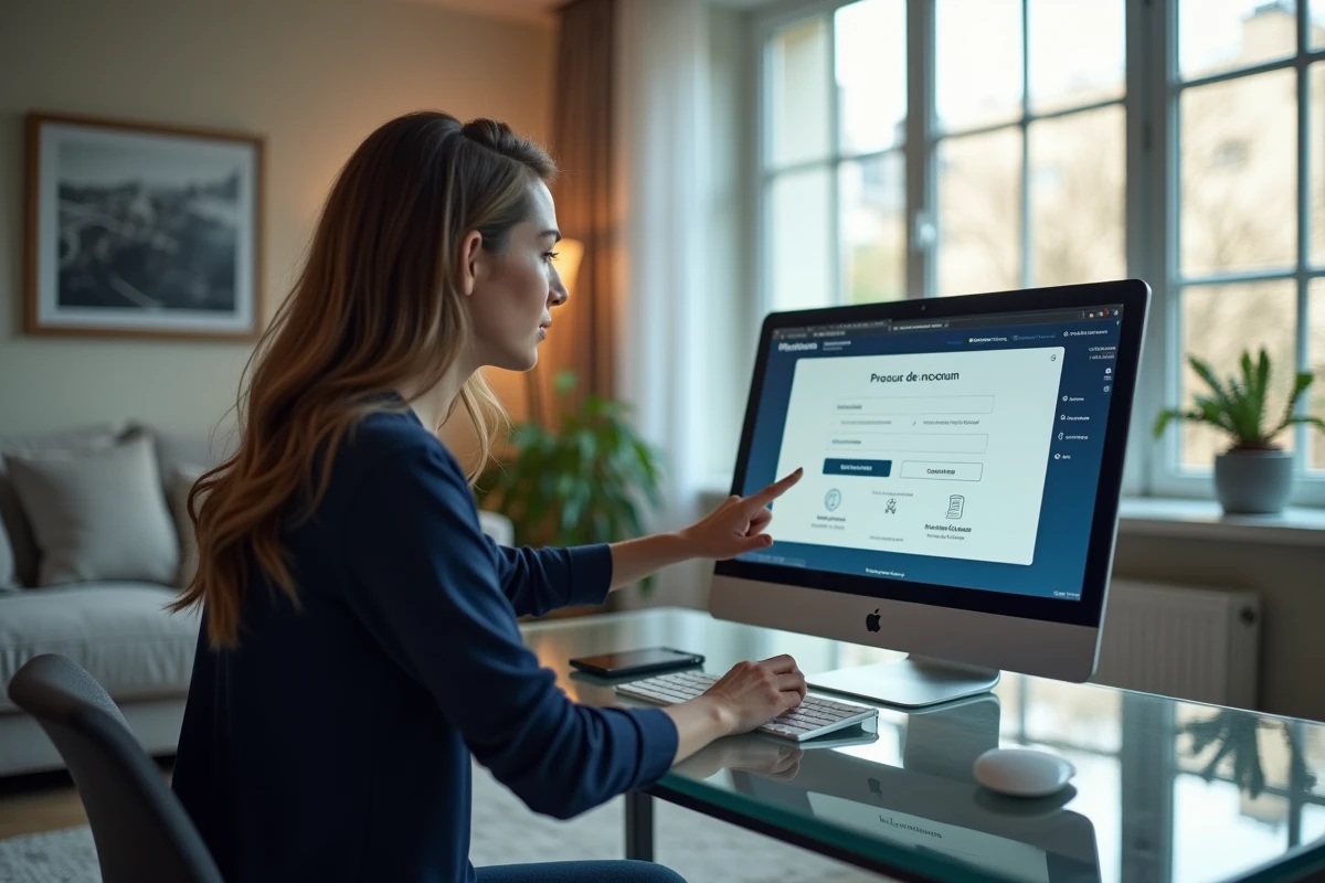 Femme pointant l'interface de gestion de compte Free sur un écran d'ordinateur de bureau pour retrouver Alice ADSL
