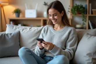 Femme consultant le réseau WiFi invité de sa Freebox sur son smartphone dans un salon moderne parisien