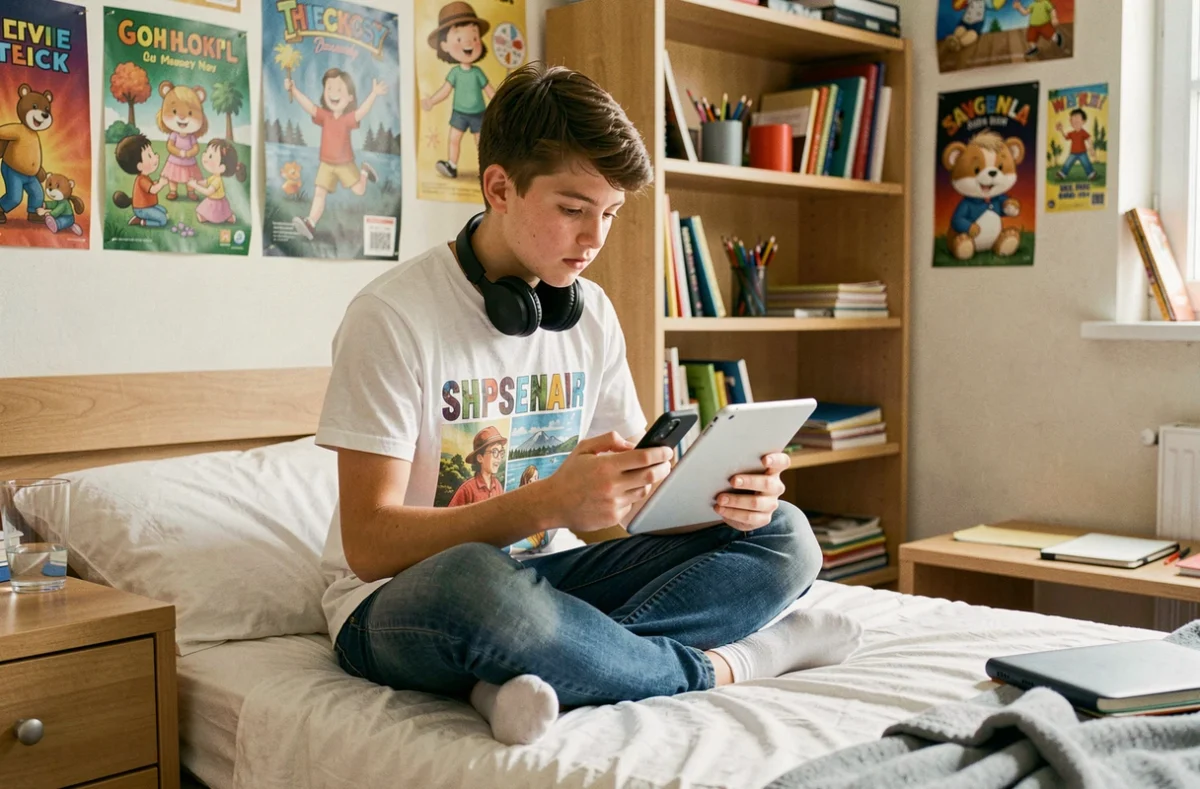 Adolescent sauvegardant une vidéo en MP4 sur tablette et smartphone dans une chambre d'étudiant
