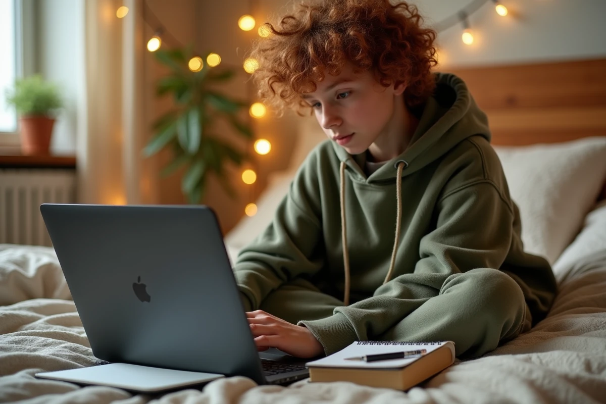 Adolescent apprenant à taper un È majuscule accentué sur son ordinateur portable avec un tutoriel