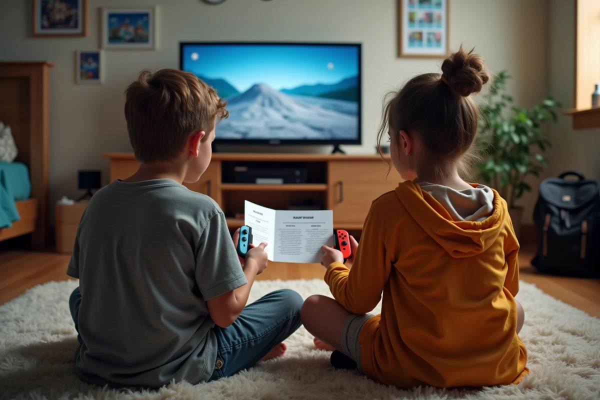 Deux adolescents consultant un guide pour synchroniser leur manette Nintendo Switch sur plusieurs consoles à domicile