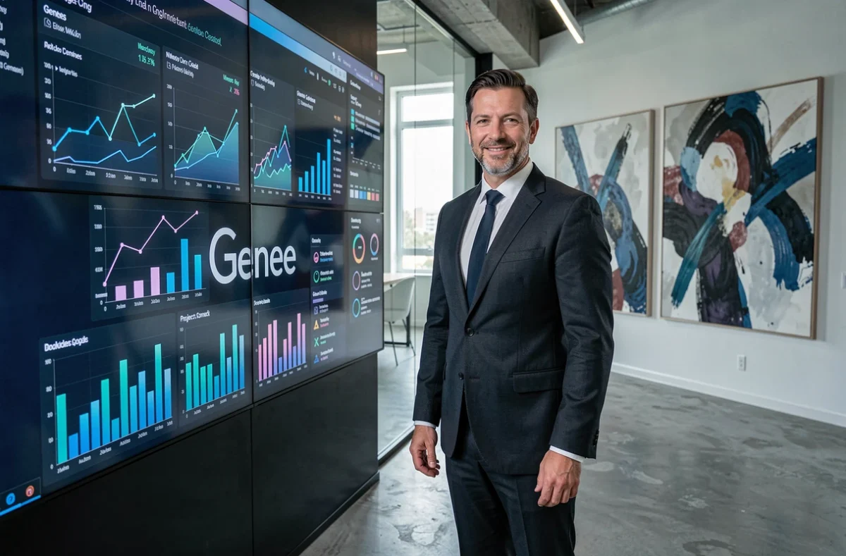 Chef de projet de l'agence Genee présentant des analytics digitaux dans un bureau contemporain