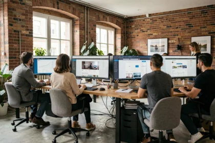 Équipe d'une agence web en Saône-et-Loire travaillant sur des projets WordPress dans un bureau moderne