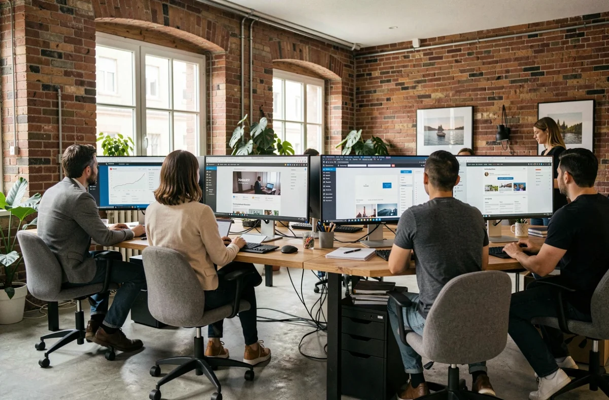 Équipe d'une agence web en Saône-et-Loire travaillant sur des projets WordPress dans un bureau moderne