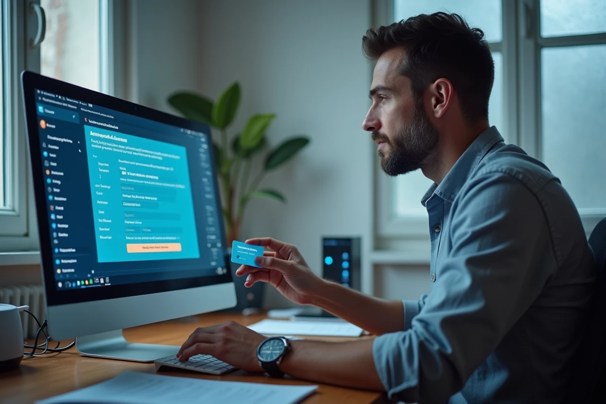 Agent administratif accédant à des courriels sensibles via une connexion web sécurisée en télétravail avec badge d'accès gouvernemental