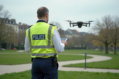 Agent municipal surveillant un drone dans un parc urbain français