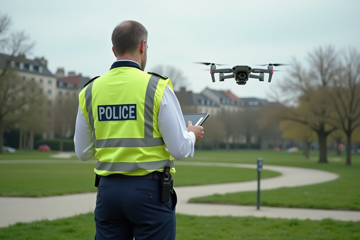 Agent municipal surveillant un drone dans un parc urbain français