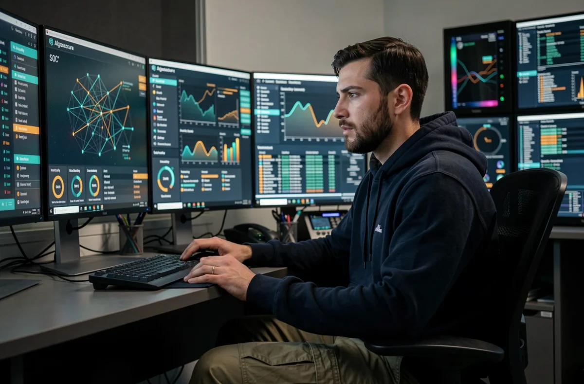 Analyste en cybersécurité d'Algosecure travaillant sur la détection de menaces dans un centre d'opérations de sécurité à Lyon