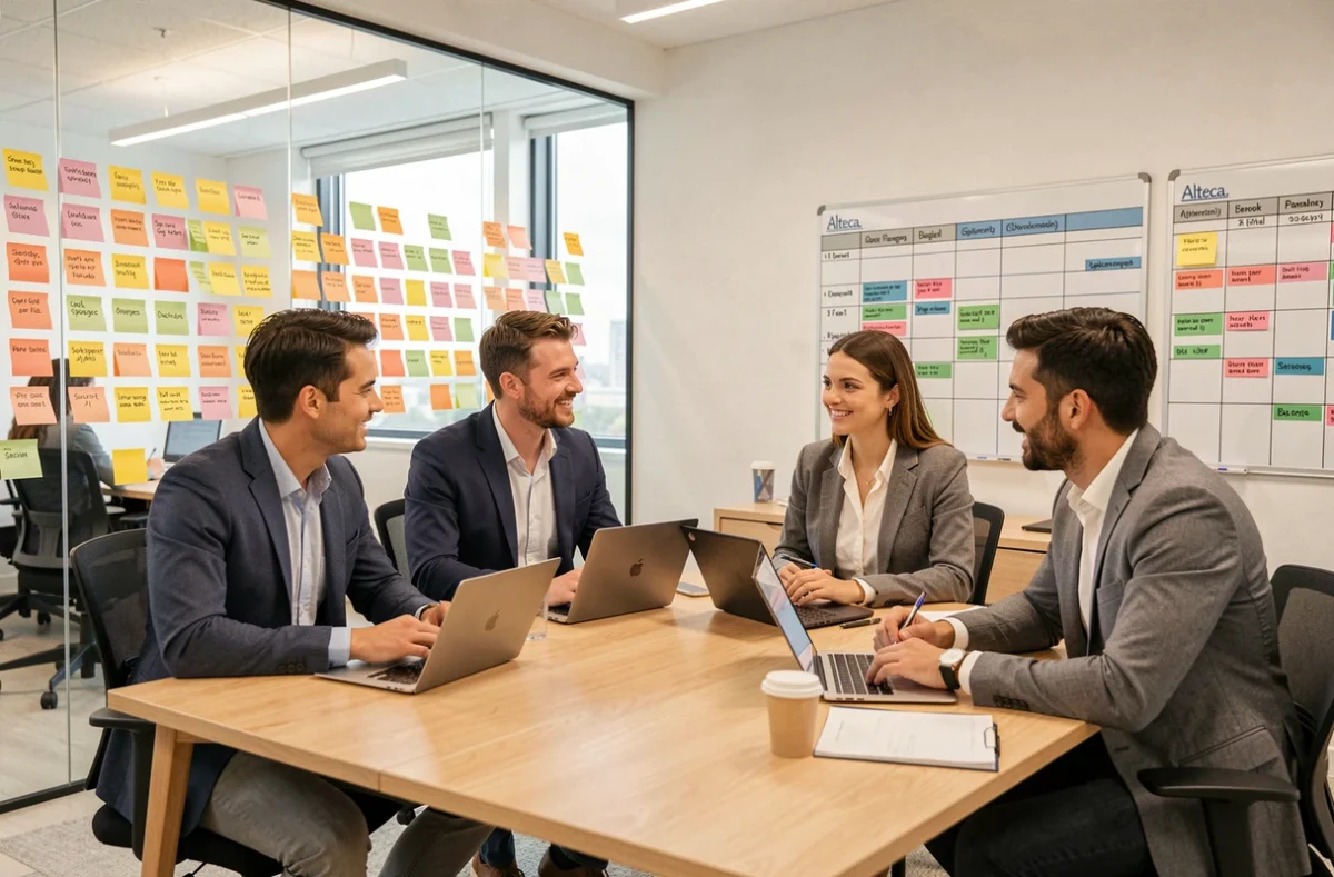 Équipe de consultants numériques d'Alteca Groupe en session de planification agile dans un espace de travail moderne à Lyon