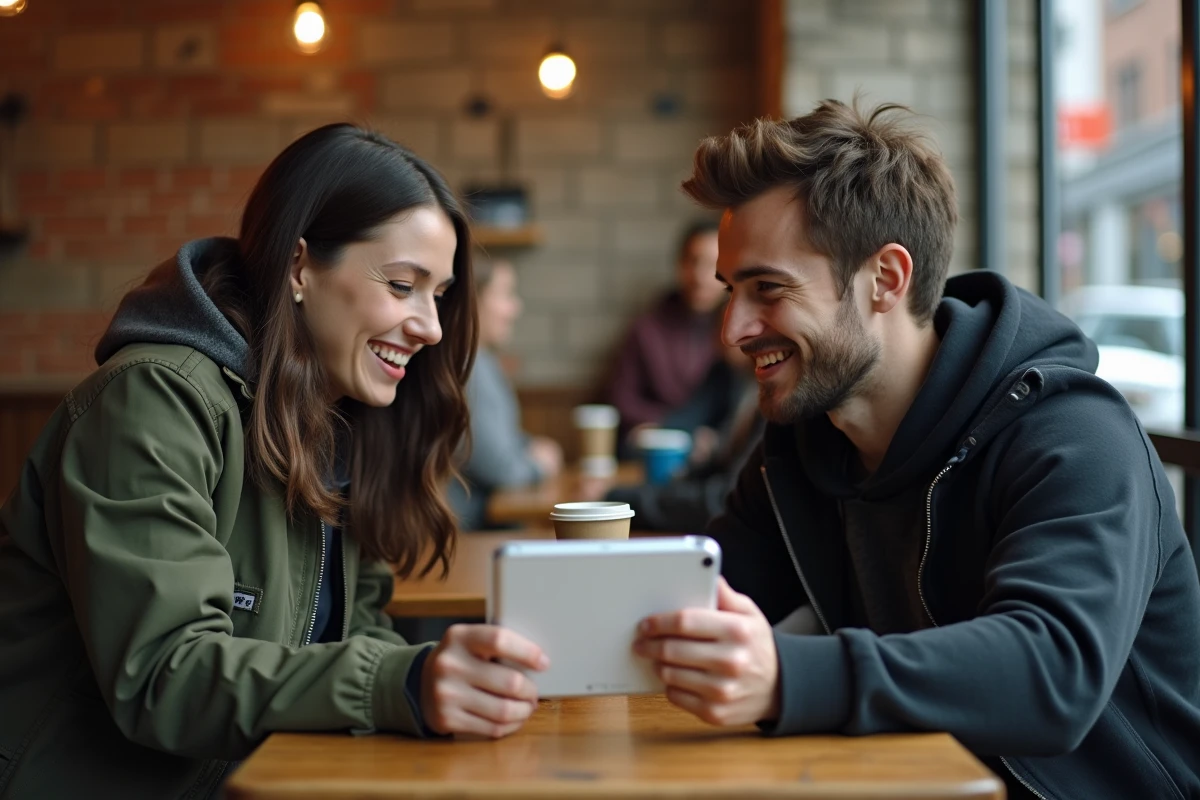 Deux amis découvrant ensemble une console portable Sony PS5 dans un café urbain