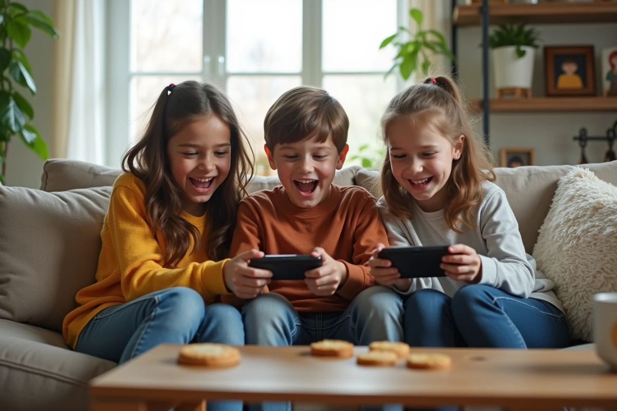 Trois amis jouent ensemble à la console dans le salon