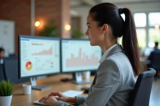 Femme professionnelle analysant des données SEO sur deux écrans dans un bureau moderne