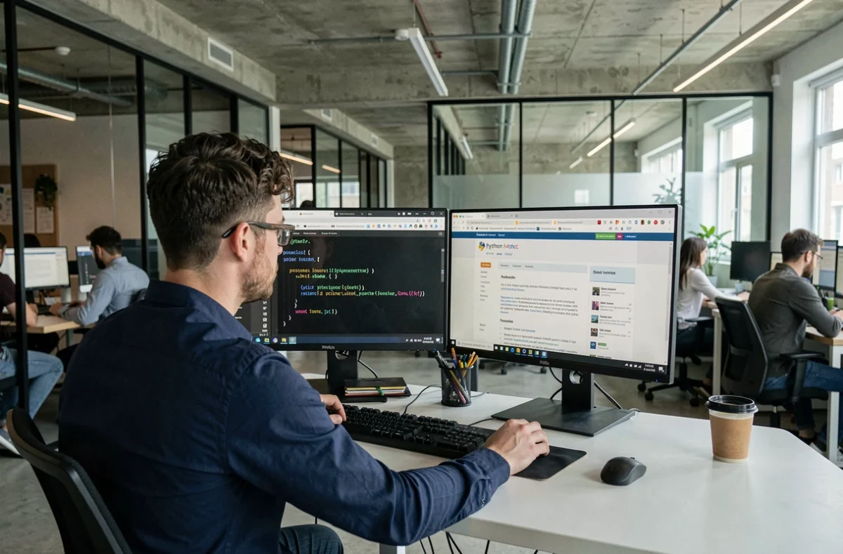 Développeur Python analysant du code XML sur deux écrans dans un bureau open space moderne