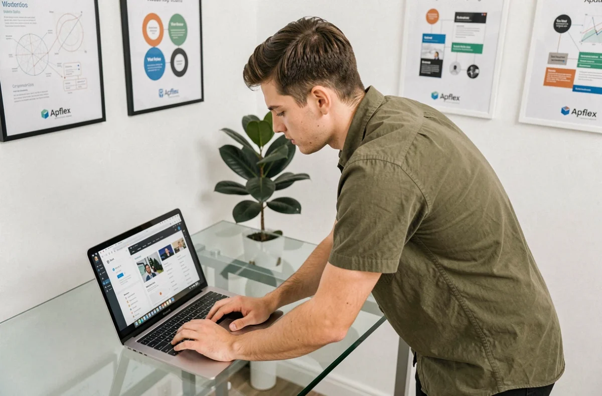 Développeur d'Apflex travaillant sur des templates WordPress flexibles dans un studio minimaliste