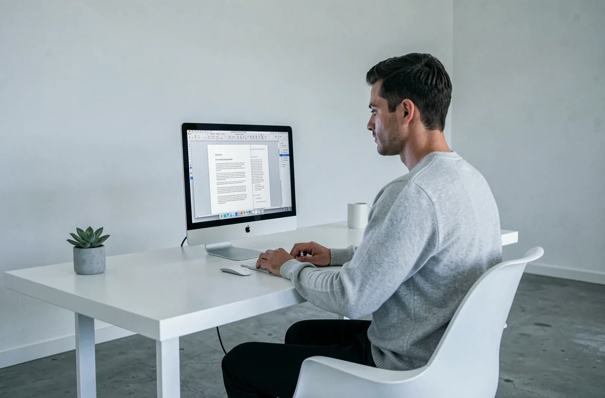 Un jeune professionnel créatif utilise Apple Pages sur un iMac dans un appartement moderne au design épuré