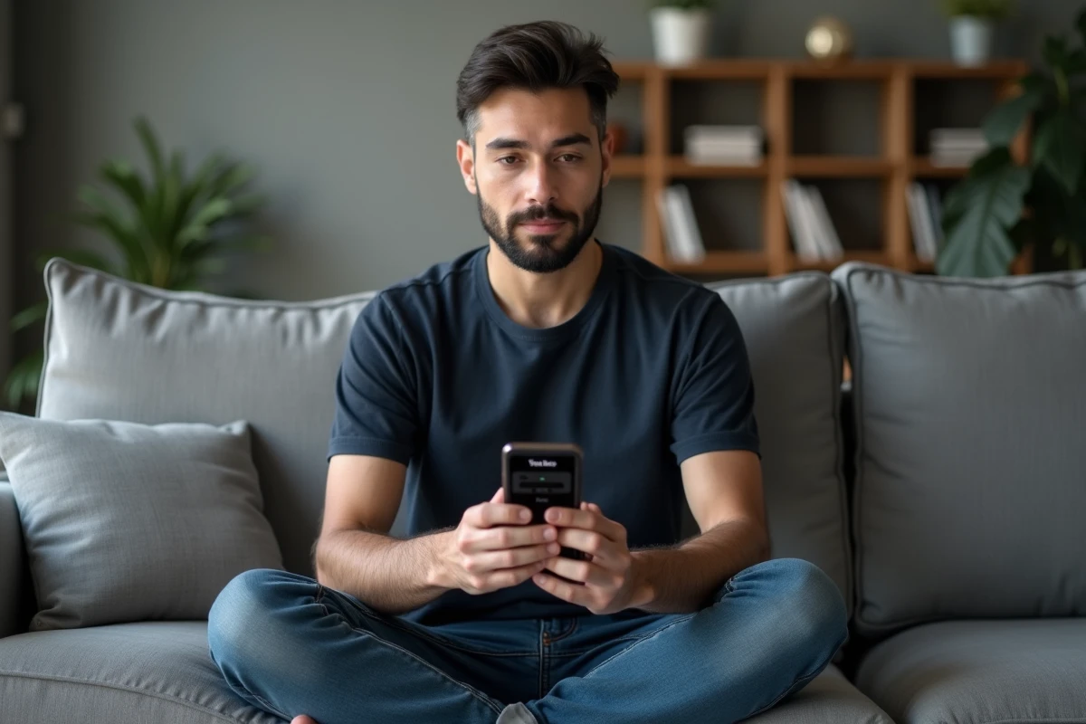 Homme utilisant une application de conversion vidéo MP4 sur smartphone pour YouTube et TikTok