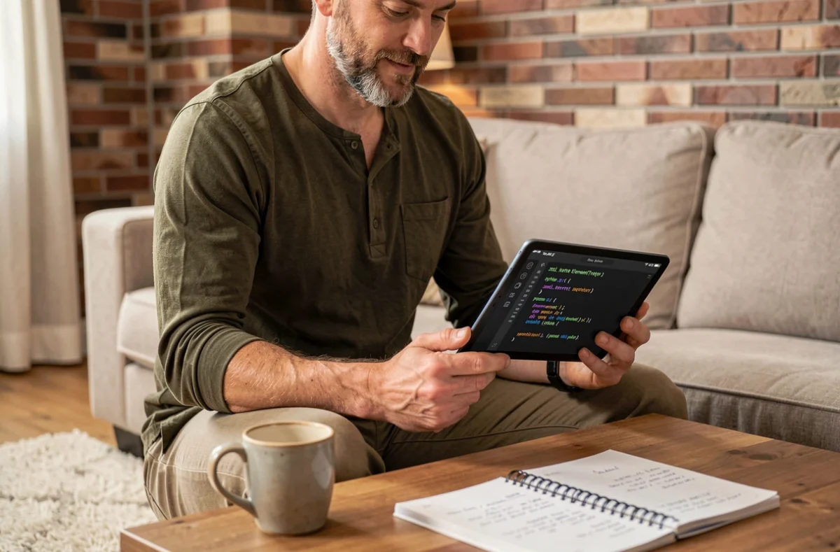 Homme apprenant le parsing XML avec Python sur une tablette dans un salon décontracté