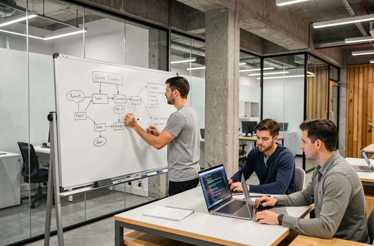 Ingénieur logiciel Apside schématisant une architecture innovante sur tableau blanc dans un lab numérique