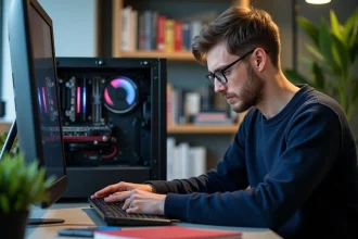 Jeune homme assemble un PC dans un bureau moderne avec stickers Linux