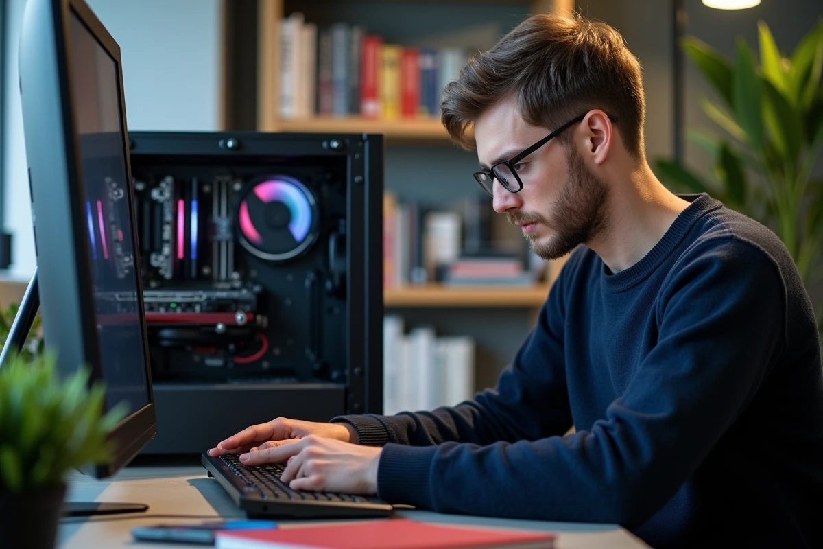 Jeune homme assemble un PC dans un bureau moderne avec stickers Linux