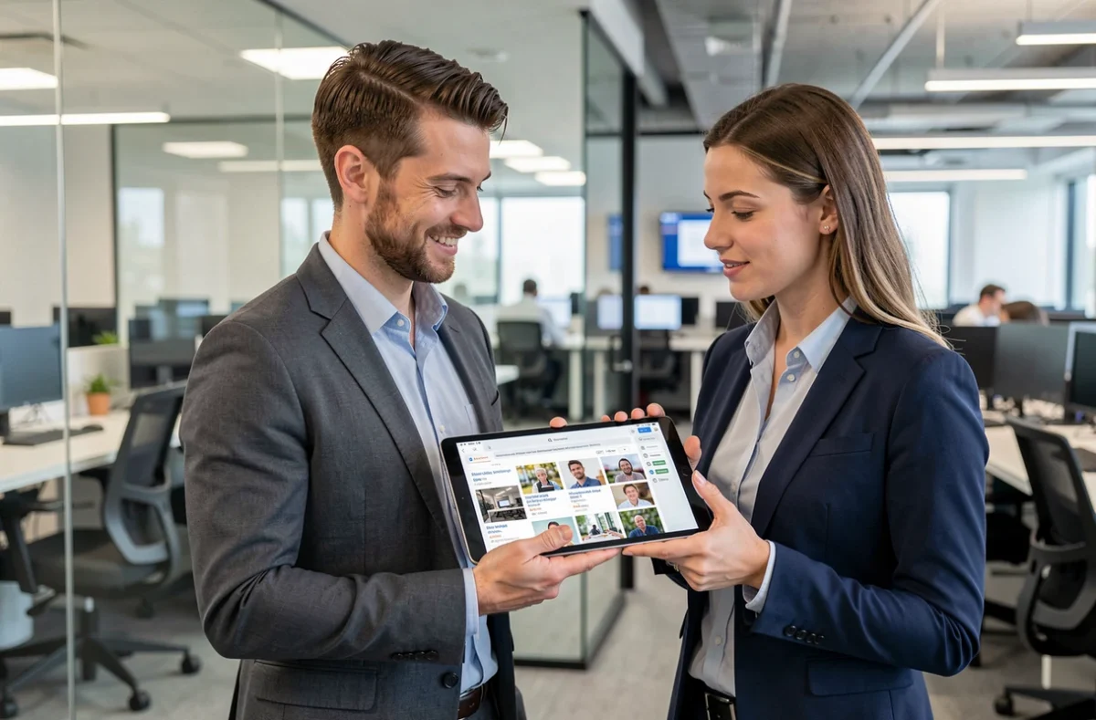 Deux collègues consultant les bonnes pratiques de partage de captures d'écran sur une tablette dans un open space professionnel