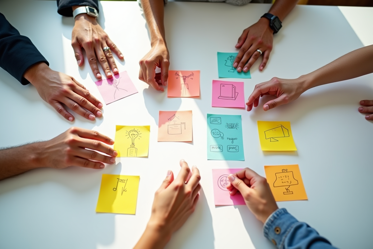 Groupe en brainstorming avec notes colorées sur la table
