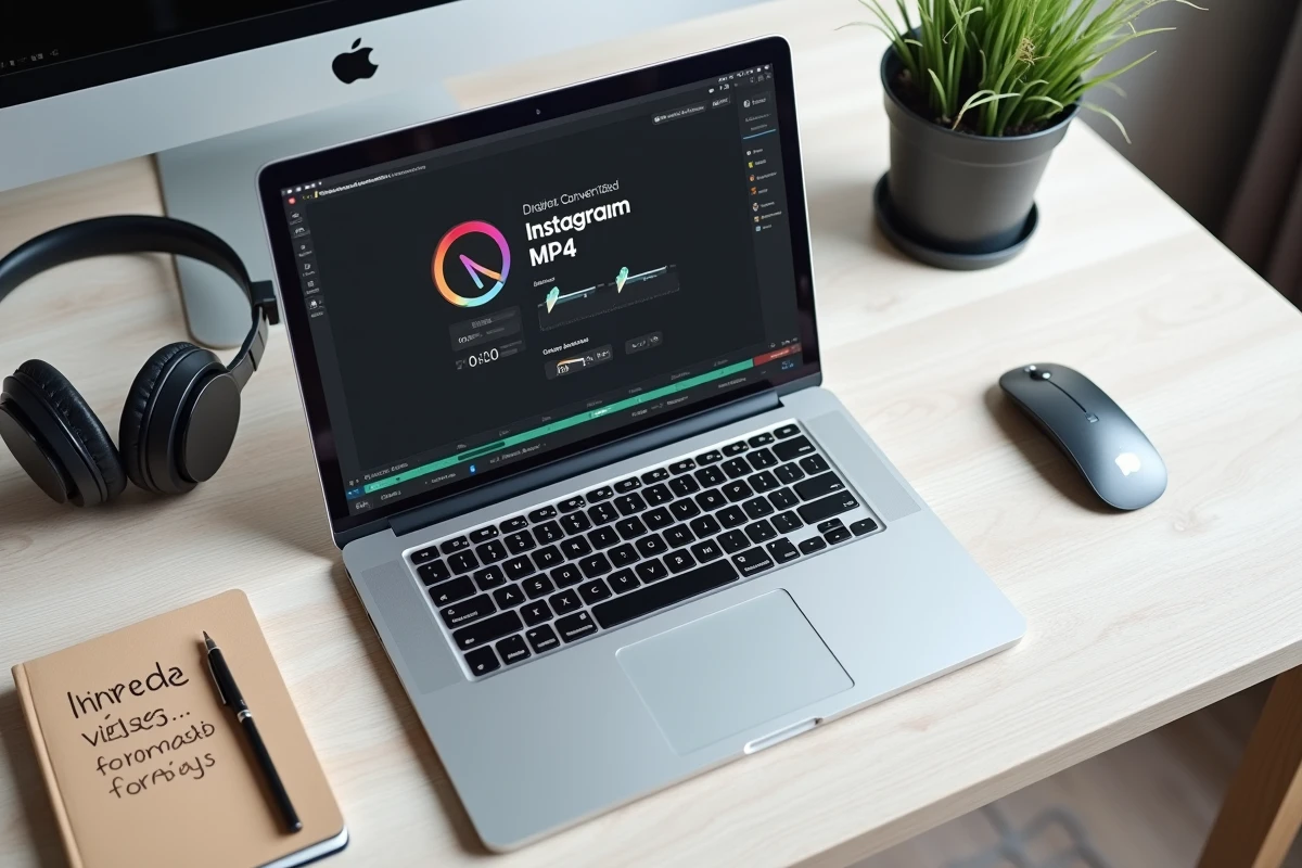 Bureau créatif avec logiciel de conversion vidéo MP4 ouvert sur ordinateur portable pour Instagram