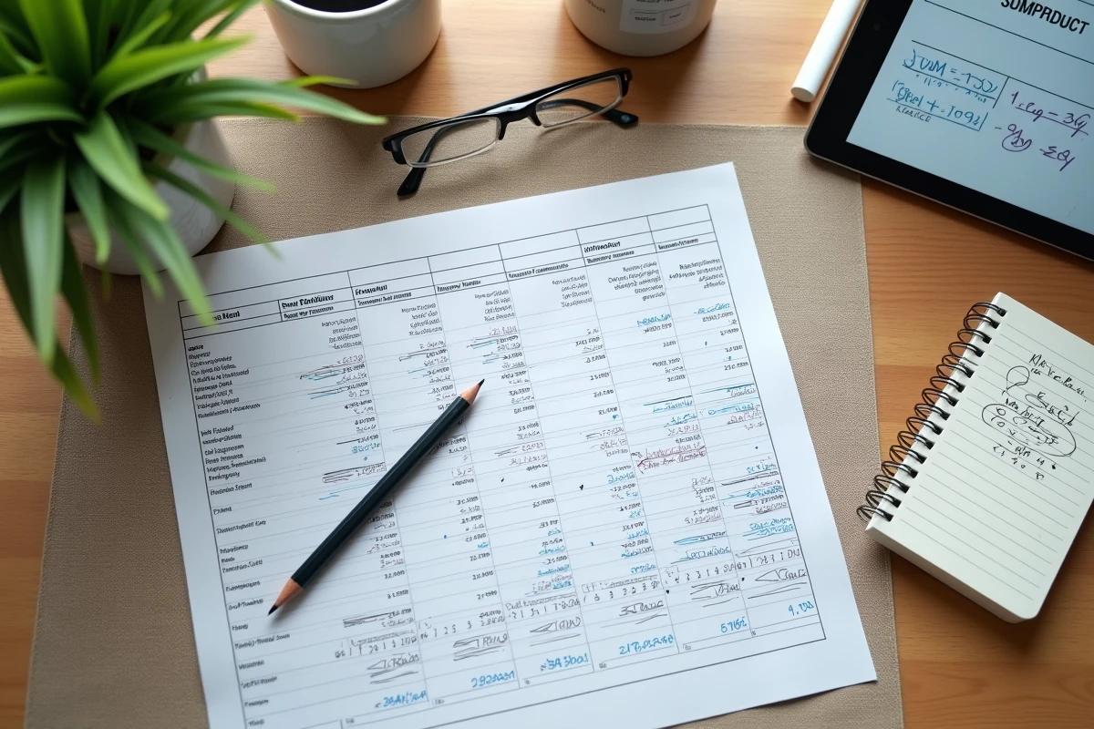 Vue aérienne d'un bureau avec feuilles Excel imprimées et annotations manuscrites pour le calcul d'une moyenne pondérée avec SOMMEPROD