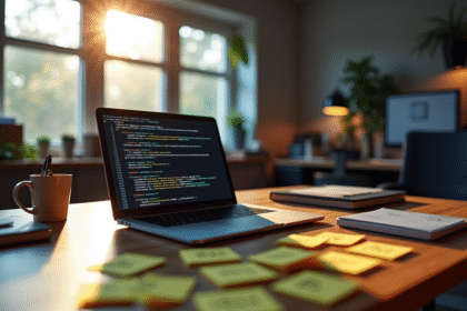 Espace de travail moderne avec ordinateur affichant du code HTTP