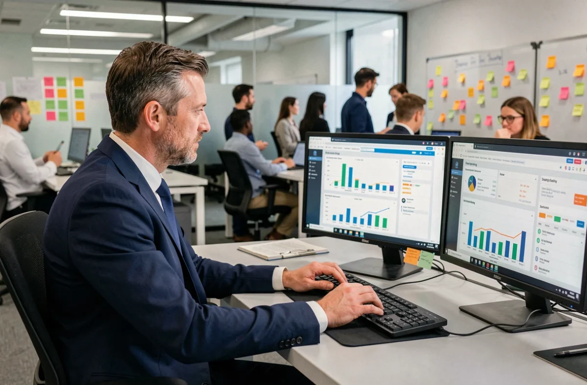 Consultant Capgemini analysant des données de staffing dans un grand open-space numérique