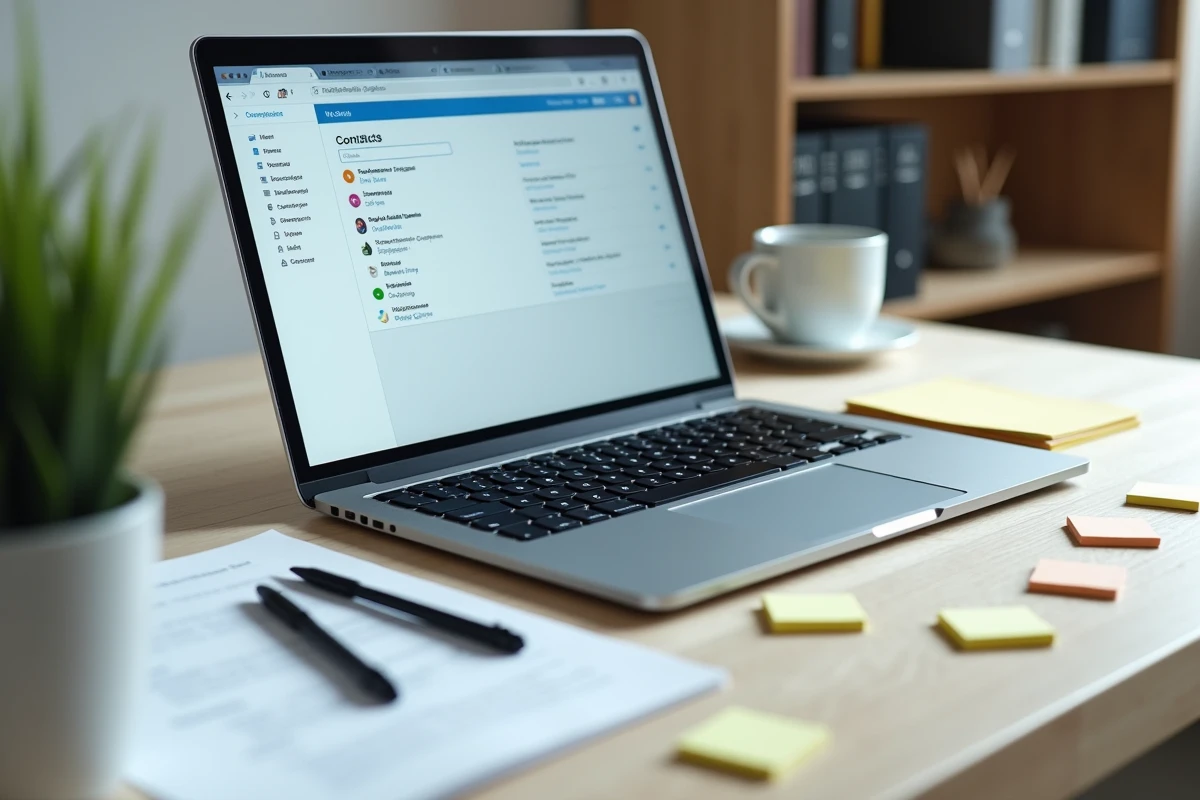 Gros plan sur un ordinateur portable affichant un carnet d'adresses webmail académique avec des notes de gestion sur un bureau