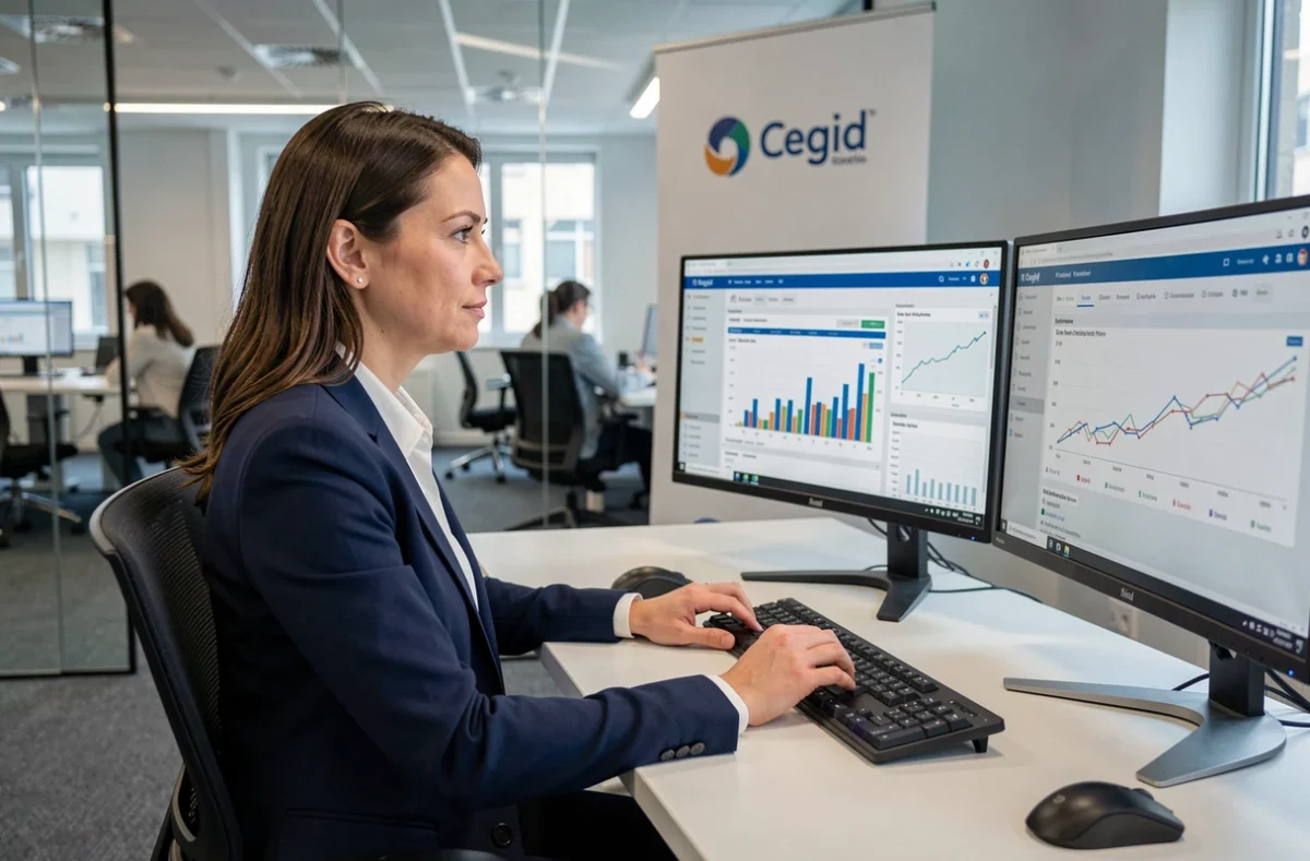 Collaboratrice utilisant le logiciel de gestion Cegid sur un poste de travail en entreprise, prestataire informatique du Rhône