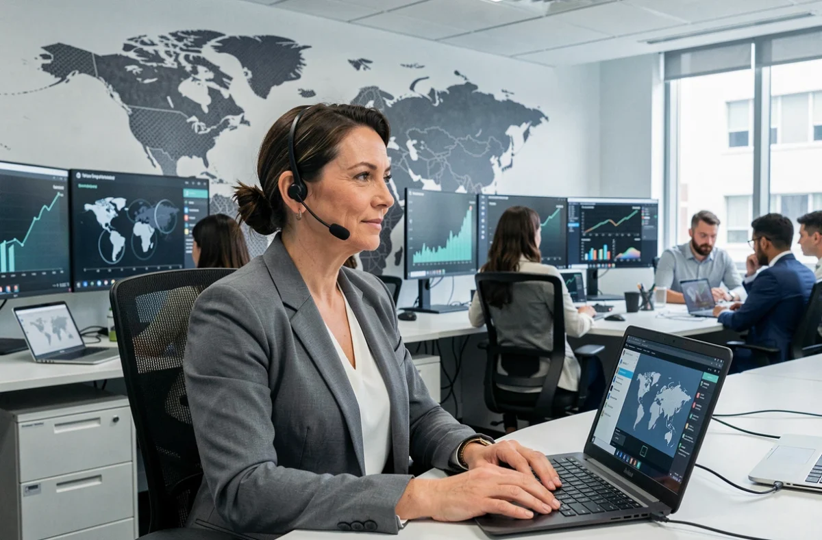 Professionnelle CGI en réunion internationale dans un bureau numérique à dimension mondiale