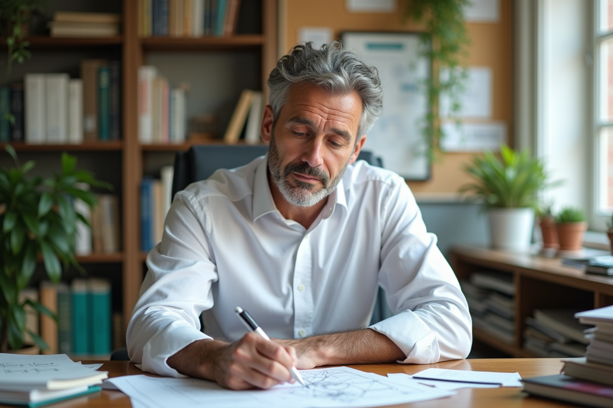 Chercheur esquisse un circuit neural sur papier dans un bureau