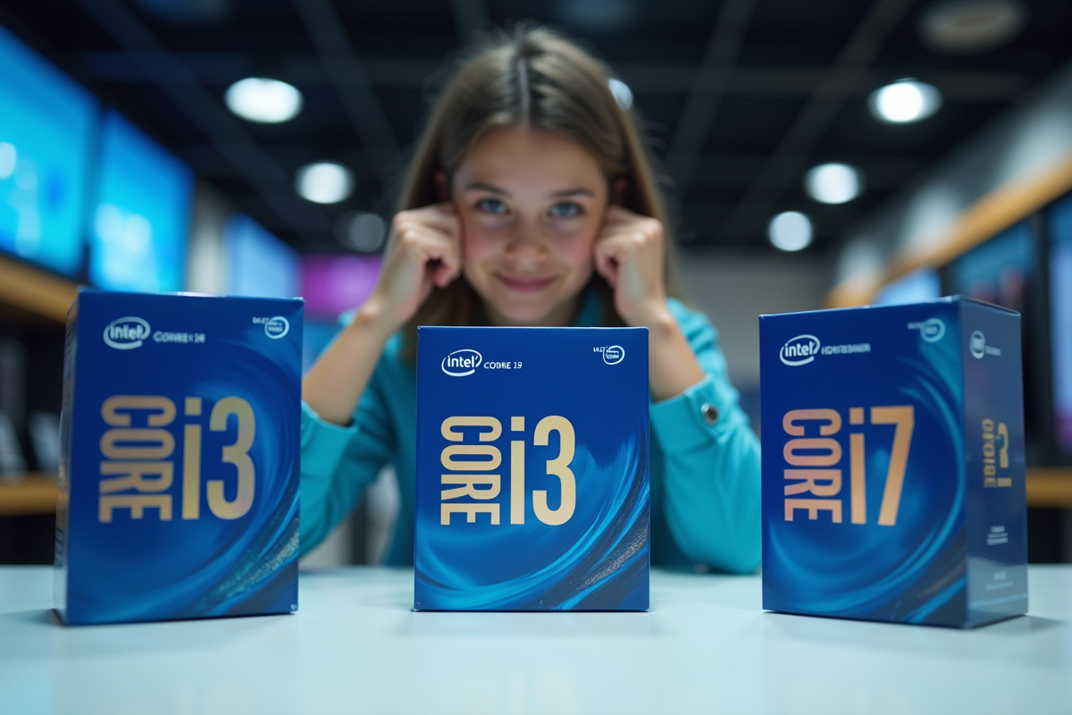 Jeune professionnel choisissant entre processeurs Intel Core