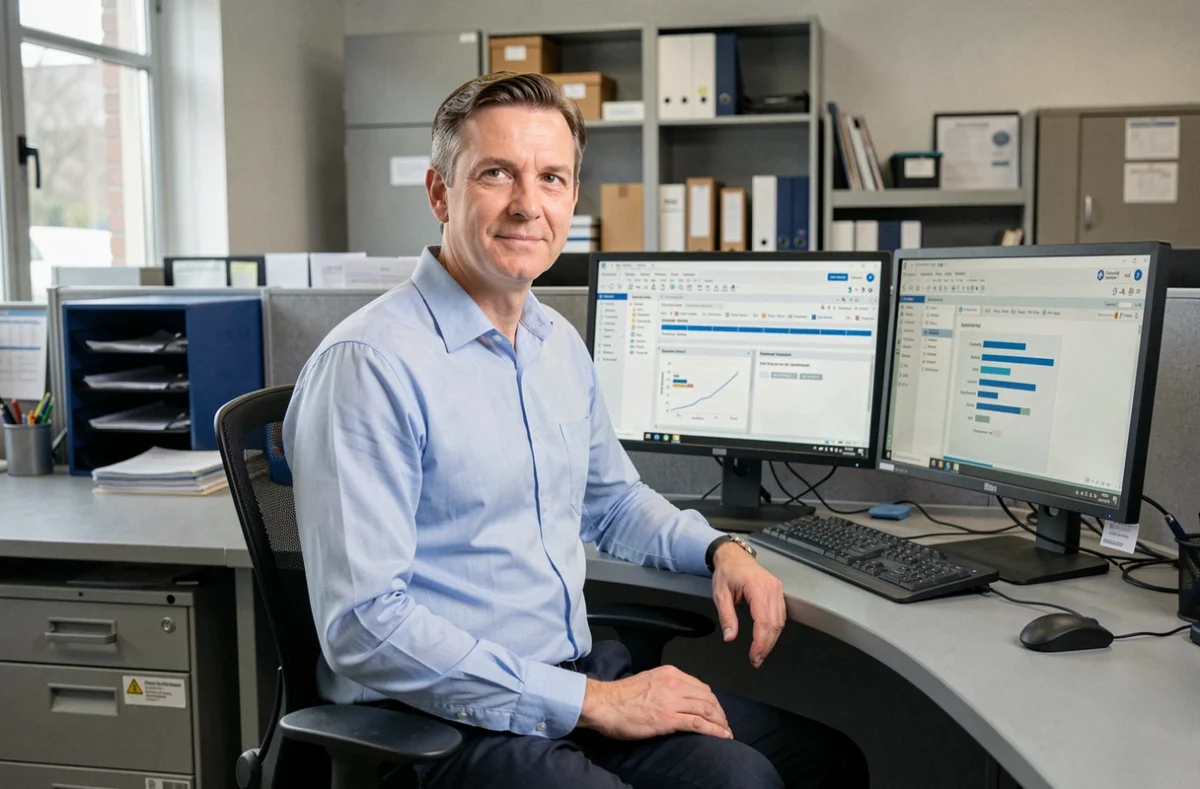 Technicien utilisant un logiciel de gestion pour collectivités locales développé par Ciril Group dans un bureau administratif