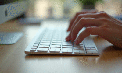 Clavier Mac moderne sur bureau en bois clair avec mains tapant