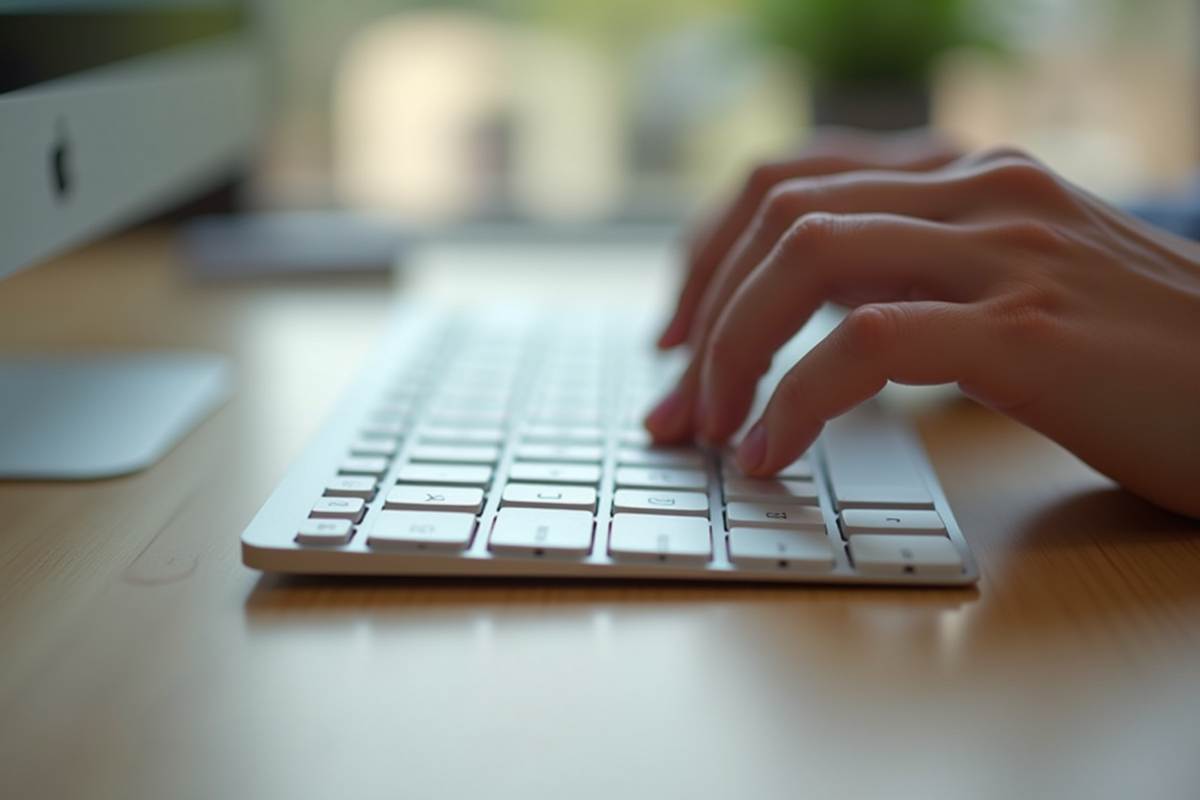 Clavier Mac moderne sur bureau en bois clair avec mains tapant