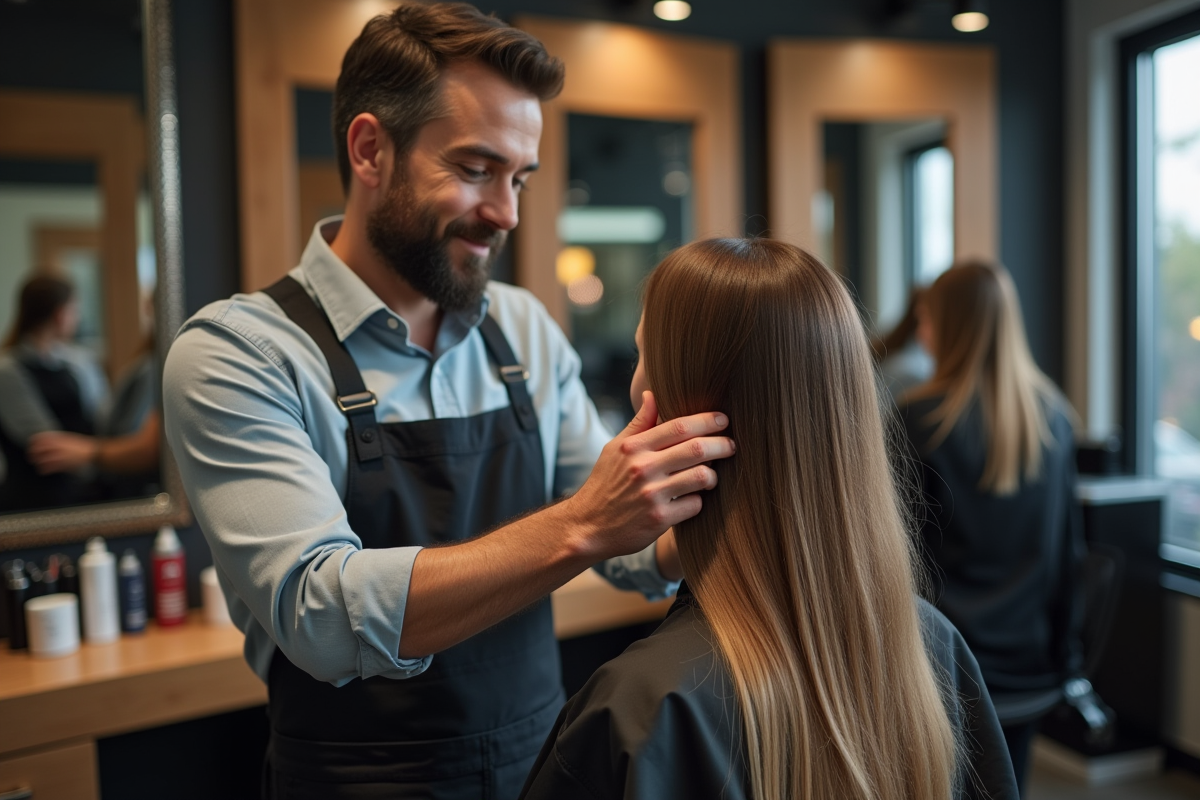 Coiffeur appliquant un soin aux extensions de cheveux en salon