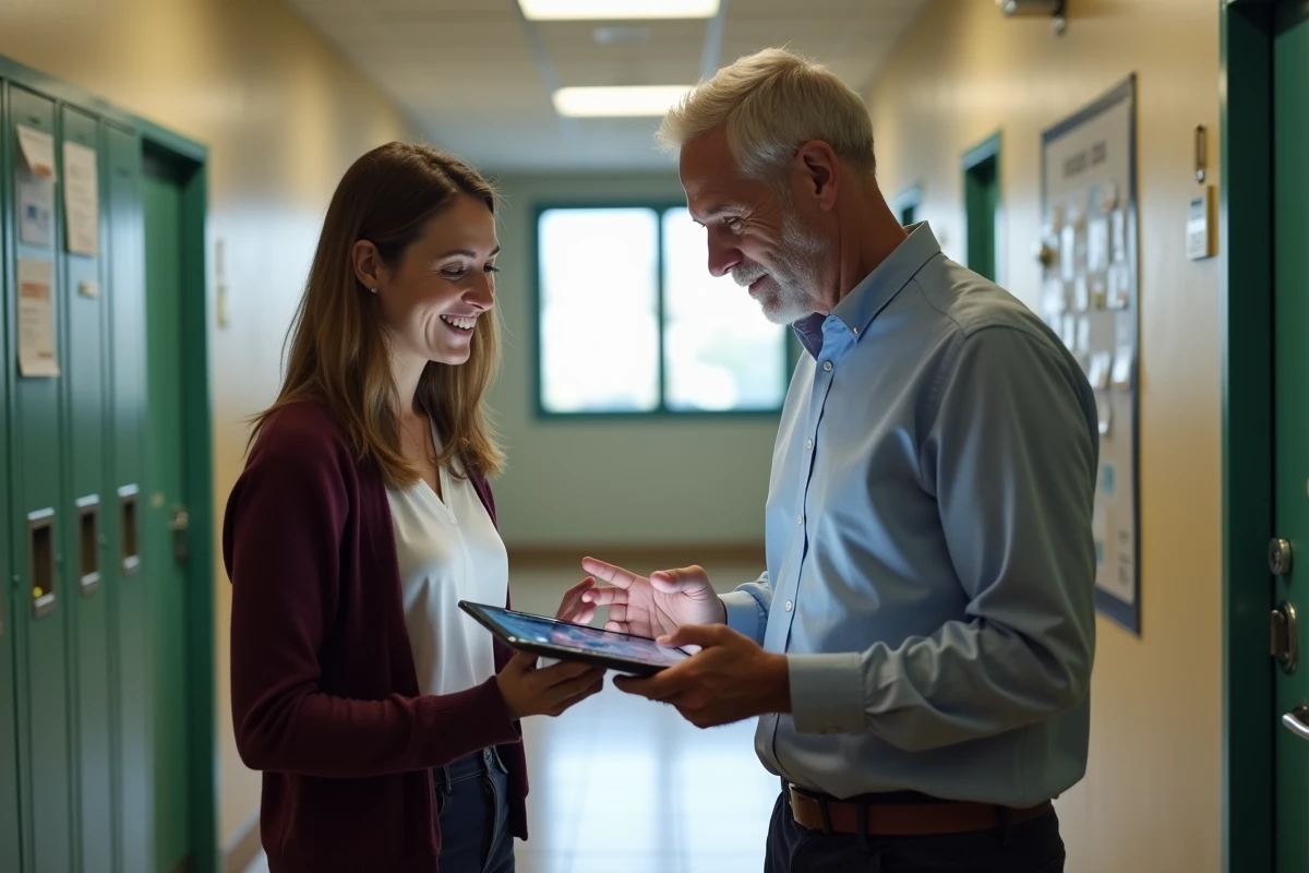 Deux collègues enseignants discutant des différences entre messageries institutionnelles sur une tablette dans un couloir d'école