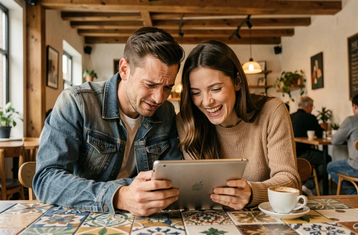 Deux collègues hilares consultant une traduction automatique incompréhensible sur une tablette dans un café