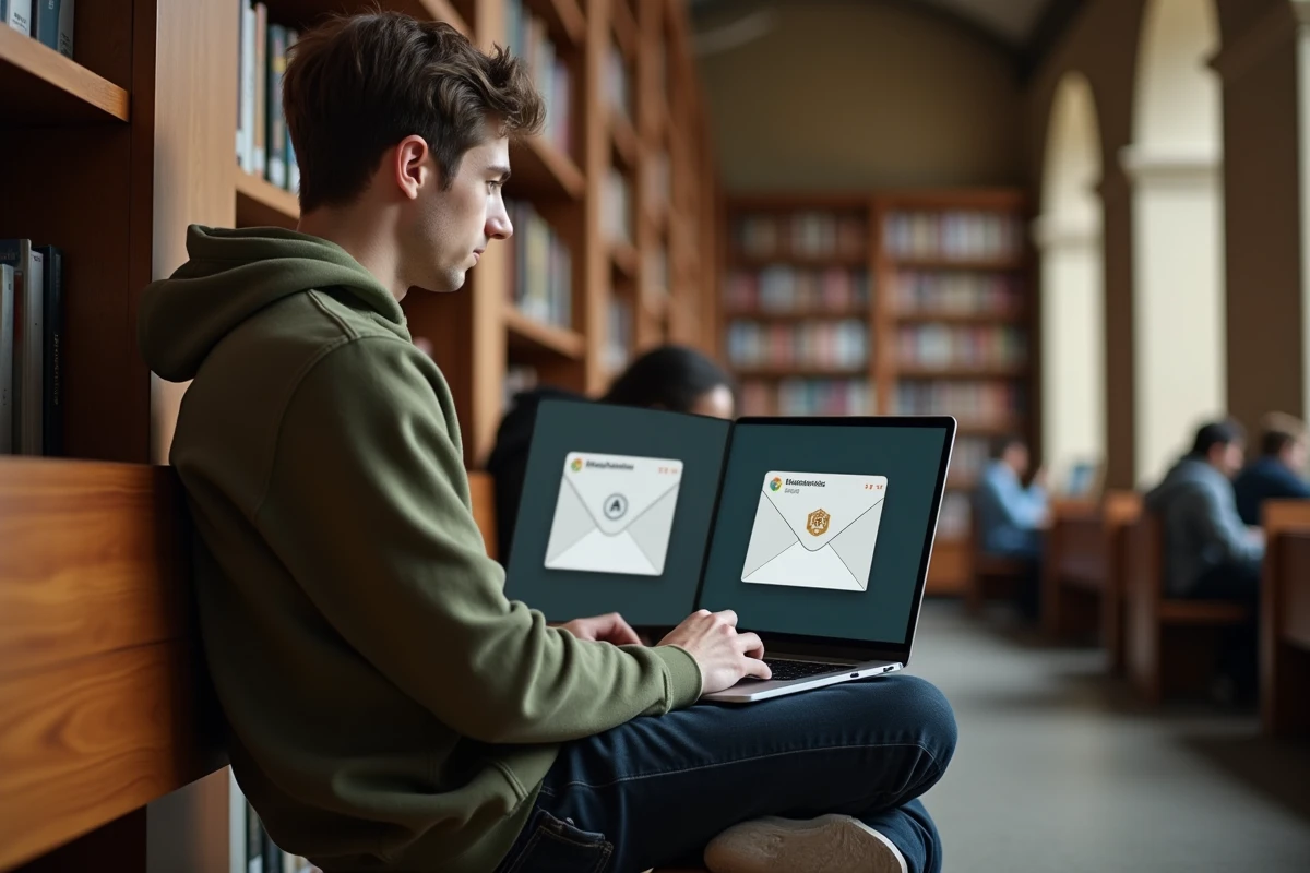 Jeune homme comparant MEL Ouvert Rennes et webmail académique sur un ordinateur portable dans une bibliothèque universitaire