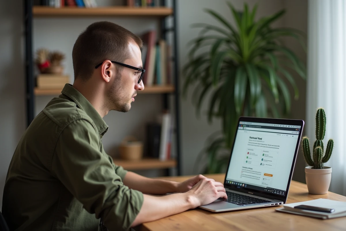 Entrepreneur comparant un outil SEO spécialisé et un outil SEO généraliste sur son ordinateur portable depuis son bureau à domicile