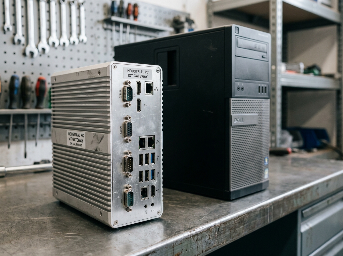 Comparaison détaillée entre un PC industriel robuste et un ordinateur de bureau standard posés sur un établi d'atelier