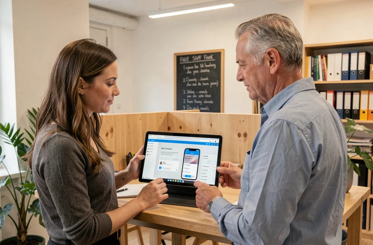 Deux collègues comparant un webmail et une application email sur tablette dans un espace de coworking