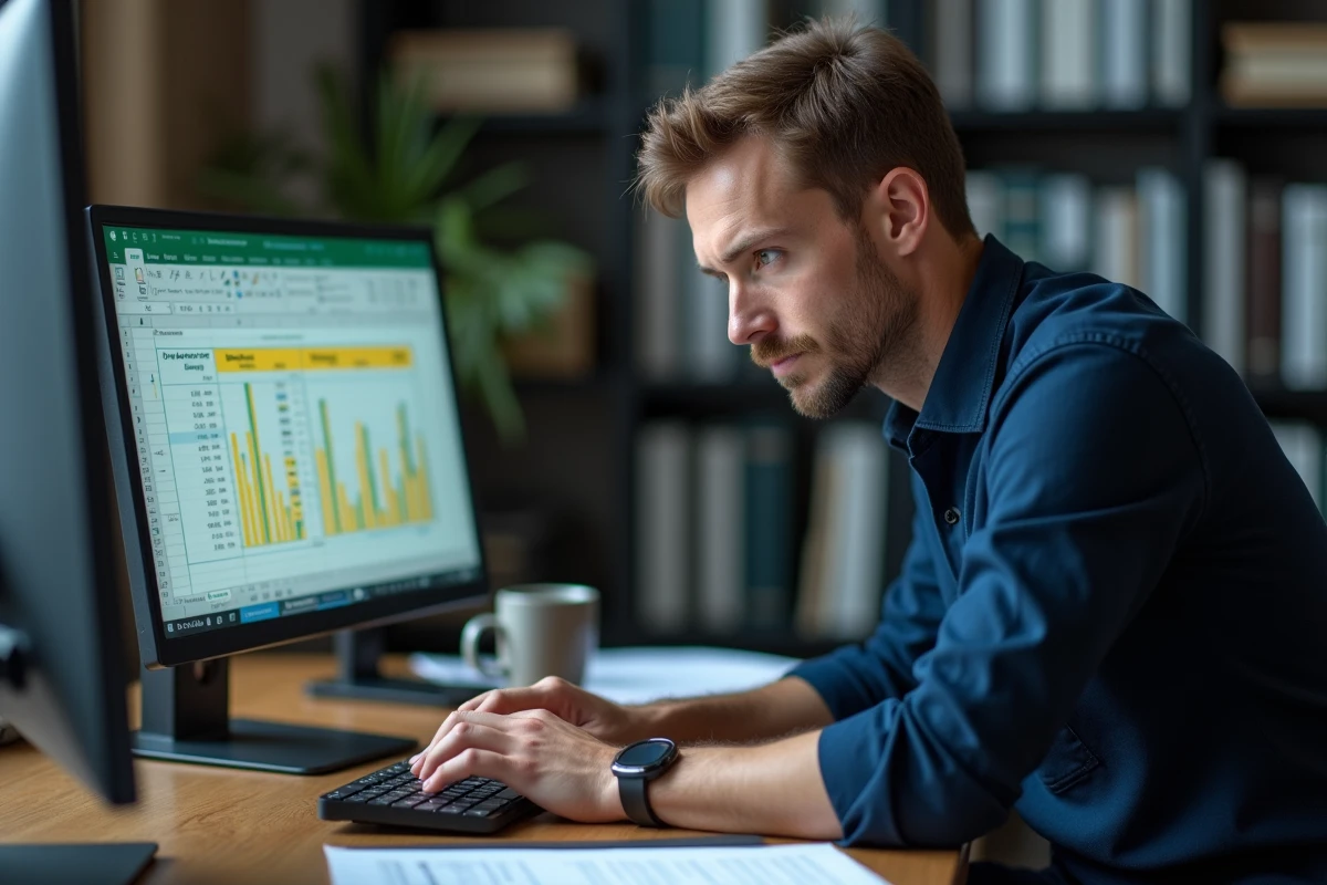 Comptable masculin analysant une feuille de calcul Excel avec des colonnes de données pondérées pour une moyenne pondérée