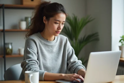 Femme consultant son compte en ligne Orange sur un ordinateur portable pour suivre ses factures