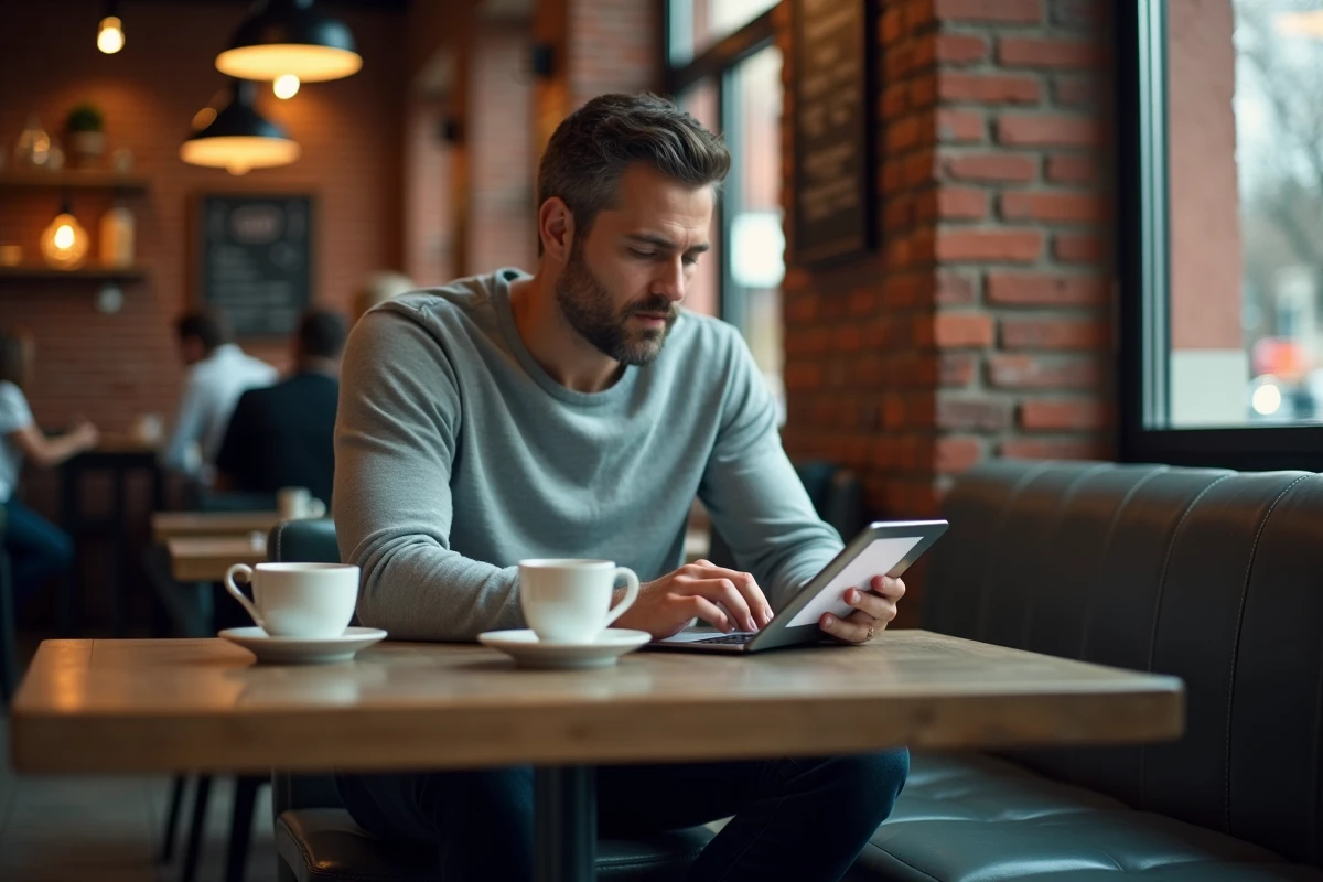 Homme configurant des paramètres de confidentialité sur une tablette dans un café urbain authentique