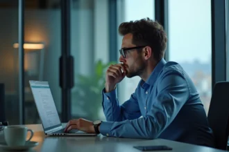 Homme en configuration réseau sur son ordinateur portable