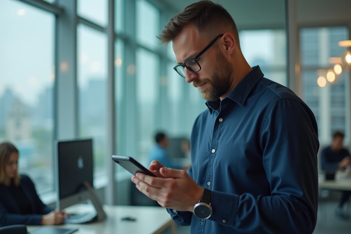 Homme configurant la messagerie Zimbra sur mobile dans un open space professionnel